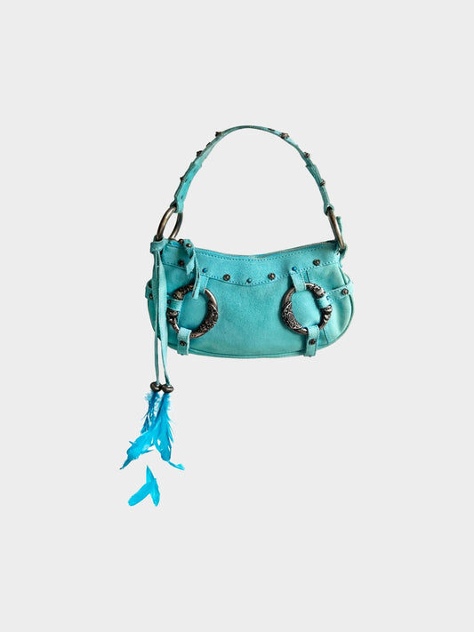 Dolce and Gabbana 2000s Rare Turquoise Blue Suede Studded Shoulder Bag