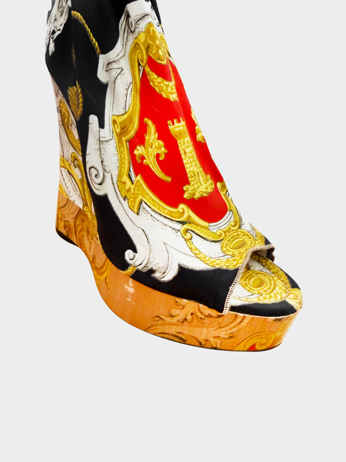 Dolce and Gabbana SS 2012 Multicolored Baroque Print Scarf Peep Toe Wedge Boots