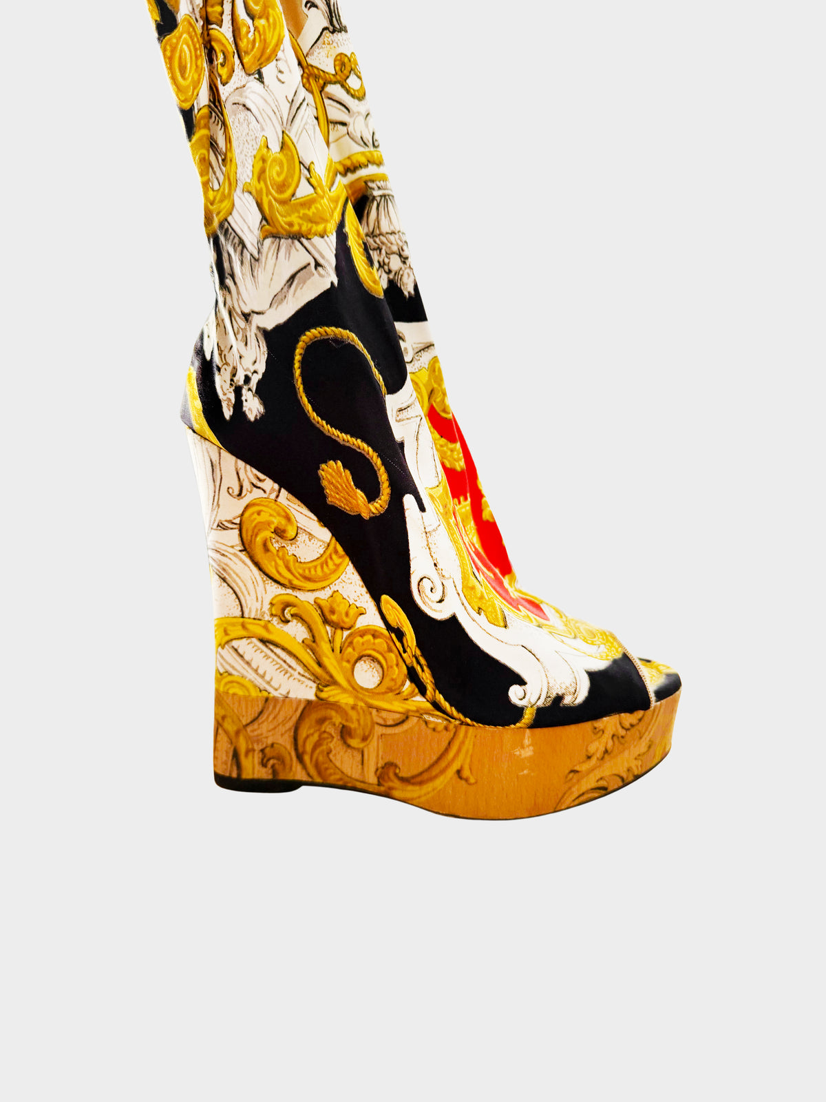 Dolce and Gabbana SS 2012 Multicolored Baroque Print Scarf Peep Toe Wedge Boots