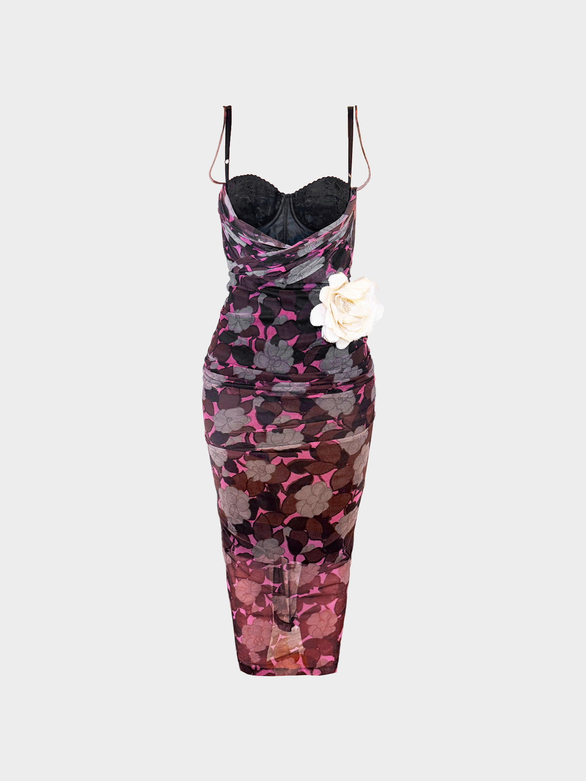 Dolce and Gabbana SS 2004 Floral Tulle Corset Dress with Corsage