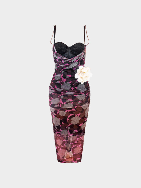 Dolce and Gabbana SS 2004 Floral Tulle Corset Dress with Corsage