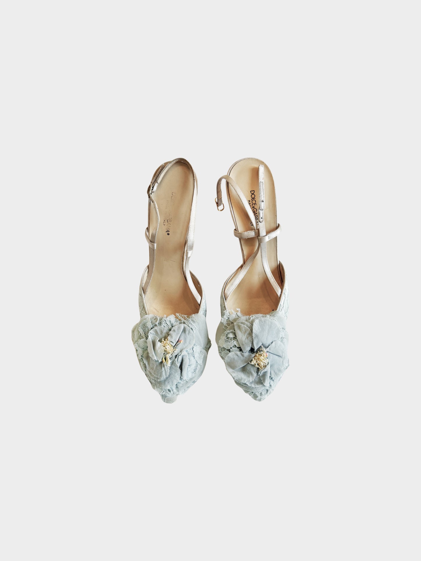 Dolce and Gabbana 2000s Blue Floral Cloth and Lace Trim Heels