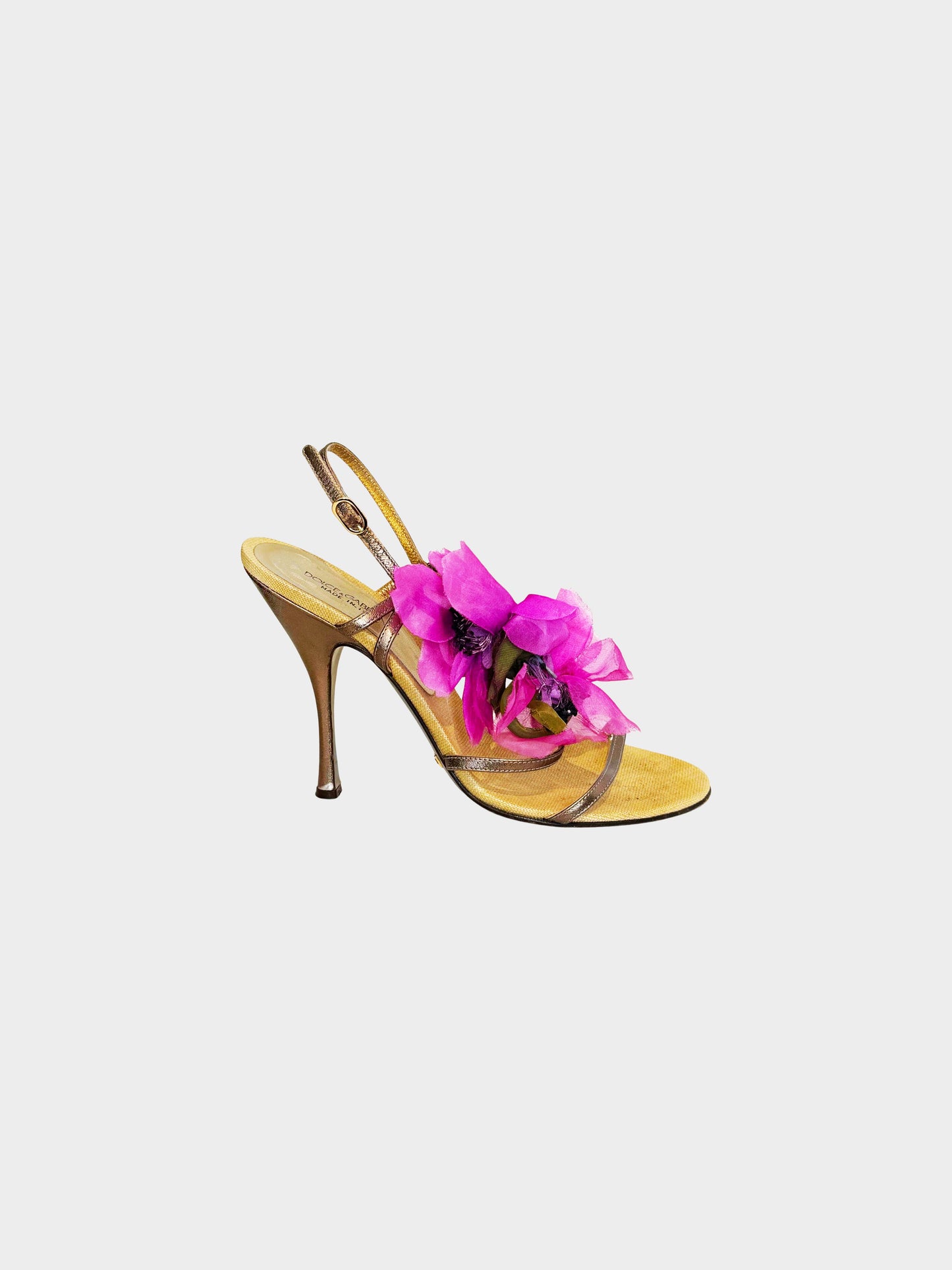 Dolce and Gabbana 1990s Bronze Leather and Pink Chiffon Floral Heels