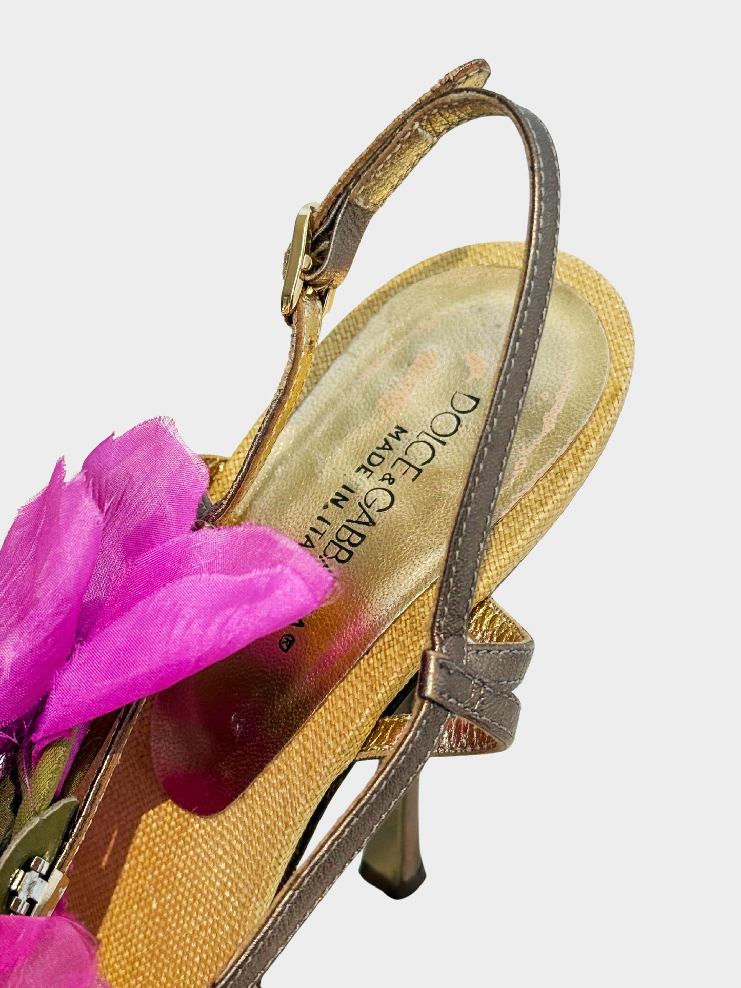 Dolce and Gabbana 1990s Bronze Leather and Pink Chiffon Floral Heels