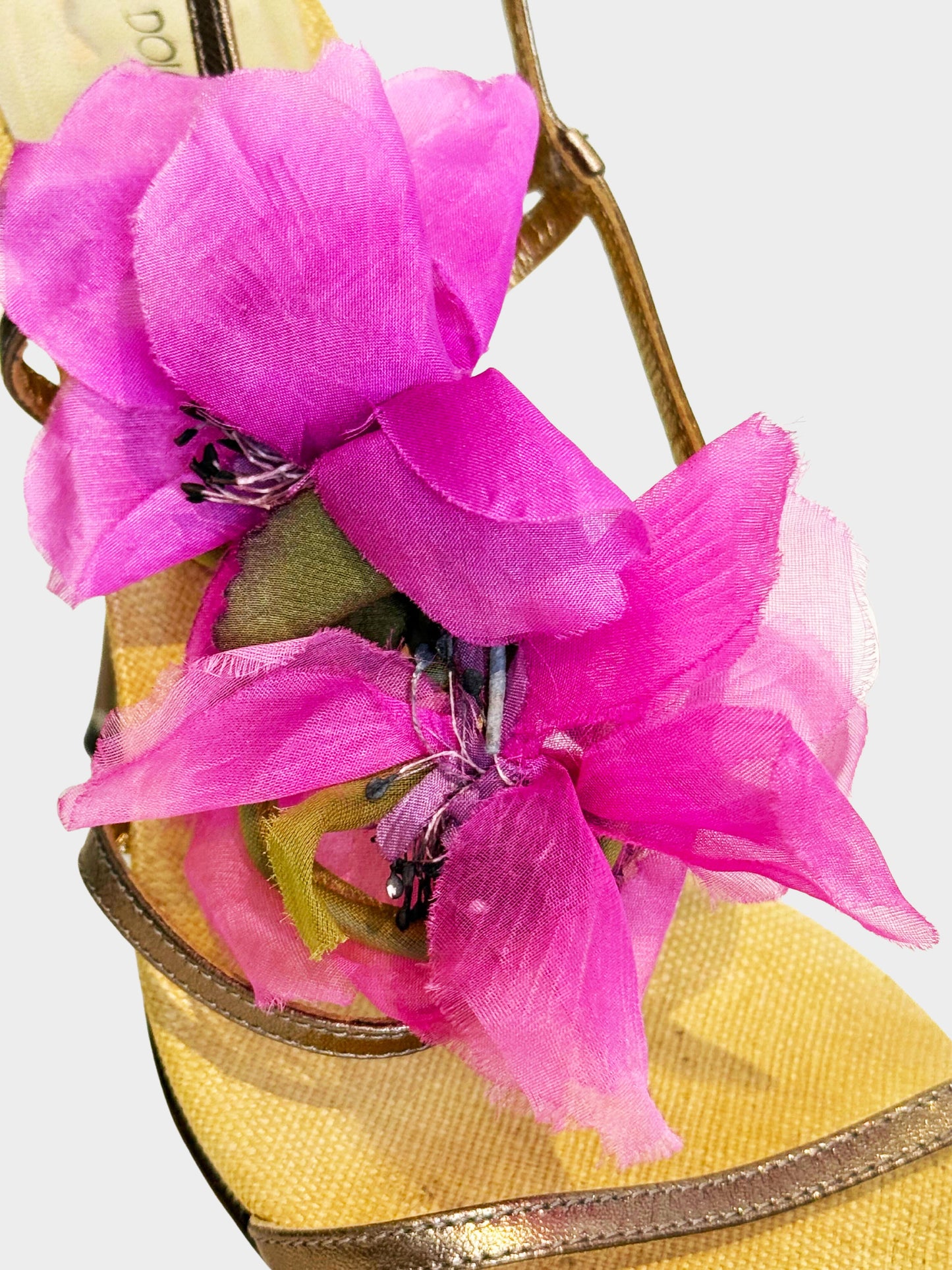 Dolce and Gabbana 1990s Bronze Leather and Pink Chiffon Floral Heels