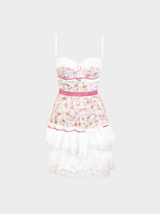 Dolce and Gabbana 2000s White Lace and Multicolored Floral Print Dress