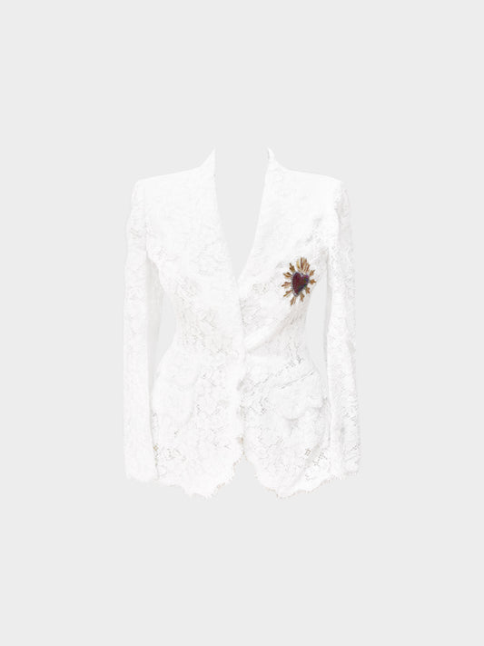 Dolce and Gabbana 2000s Rare White Lace Blazer with Heart Applique