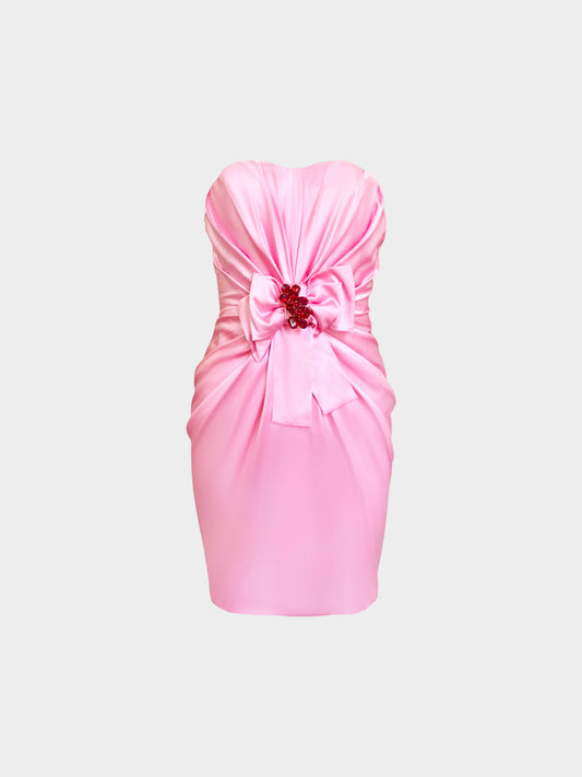Dolce and Gabbana 1990s Pink Silk Satin Gathered Bow Detail Tube Dress