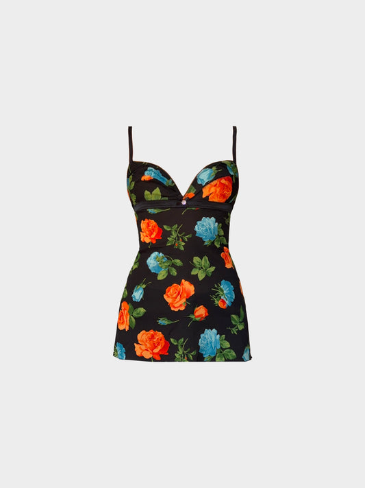 Dolce and Gabbana 2000s Red and Blue Rose Print Silk Tank Top