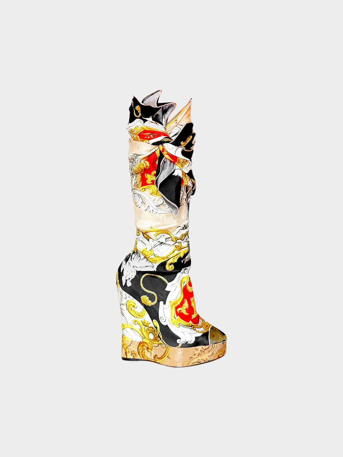 Dolce and Gabbana SS 2012 Multicolored Baroque Print Scarf Peep Toe Wedge Boots