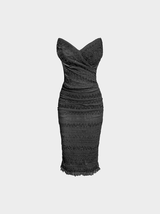 Dolce and Gabbana 2010s Black Tiered Mesh Sequin Strapless Dress