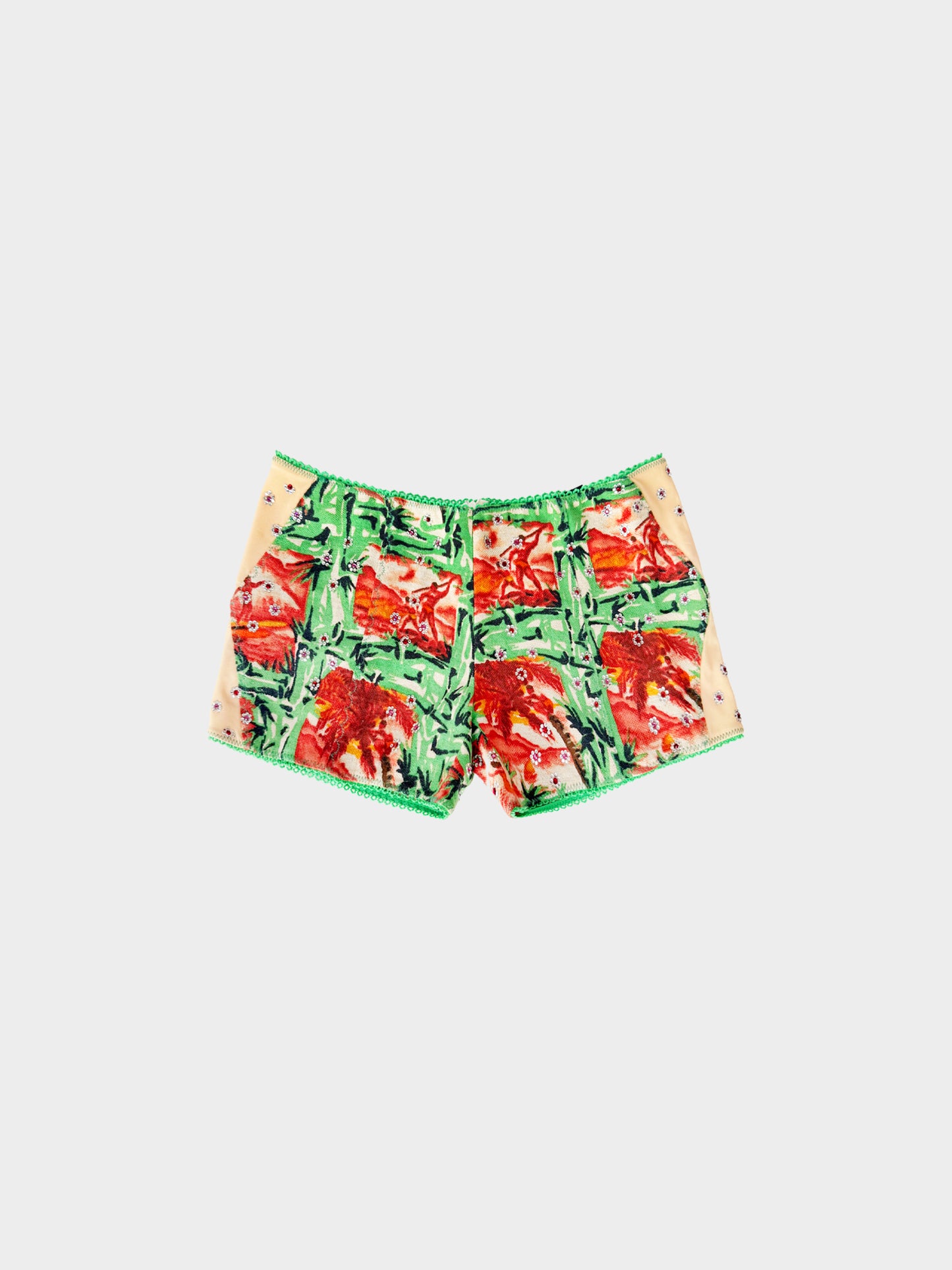 Dolce and Gabbana 2000s Green and Red Summer Printed Cotton-Linen Shorts