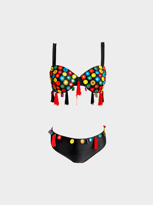 Dolce and Gabbana FW 1992 Multicolor Mirrors and Tassels Two-piece Bikini