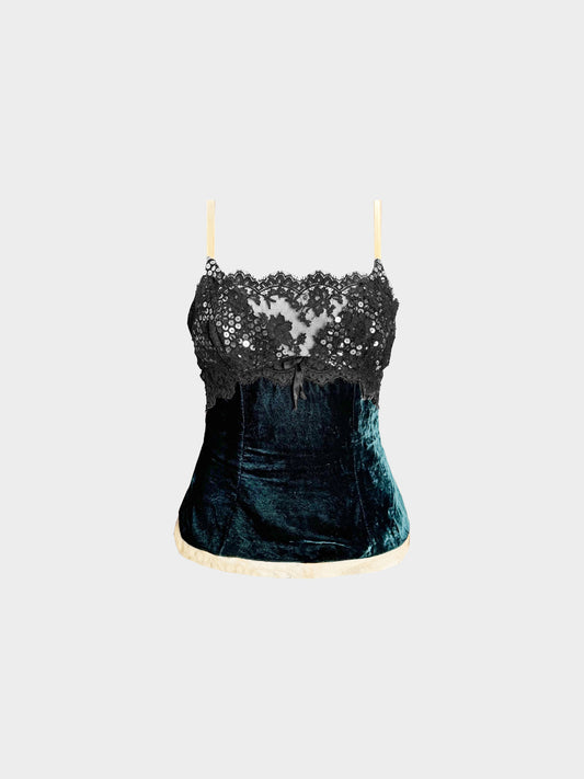 Dolce and Gabbana 2005 Green Velvet and Lace Tank Top