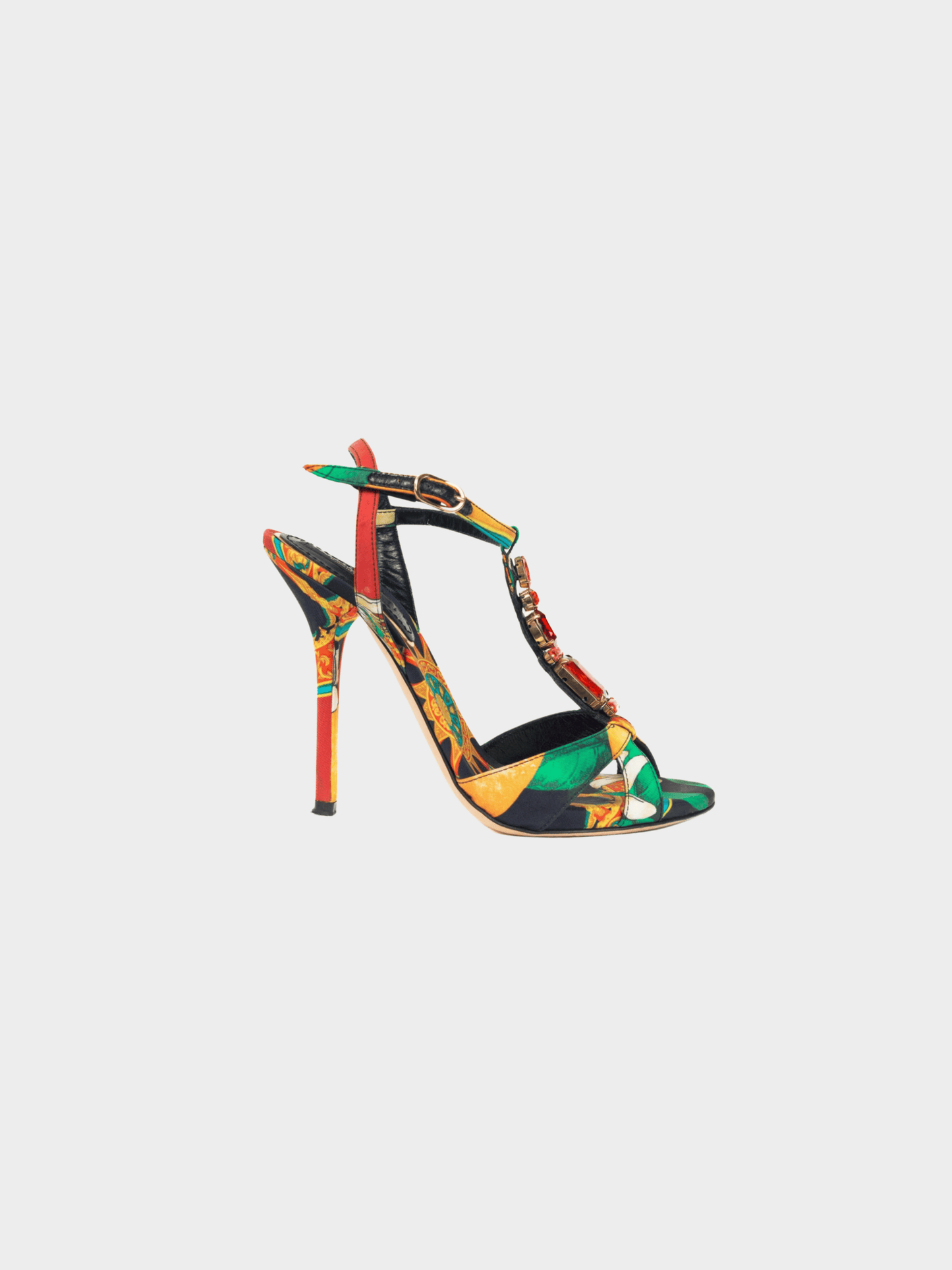 Dolce and Gabbana SS 2013 Multi-Print Silk Embellished T-Strap Sandals