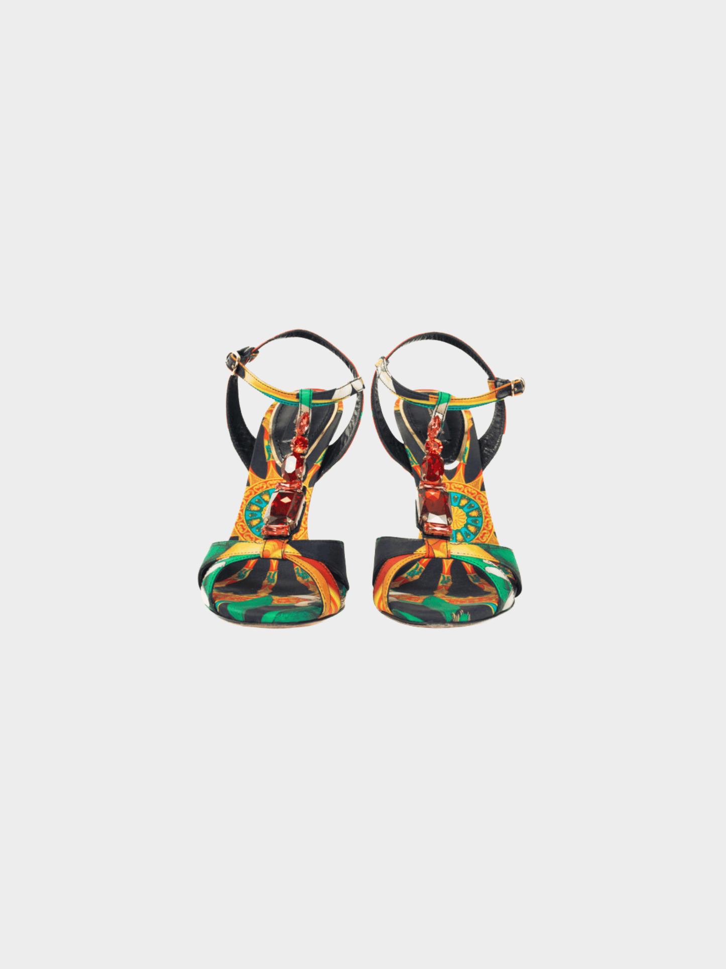 Dolce and Gabbana SS 2013 Multi-Print Silk Embellished T-Strap Sandals