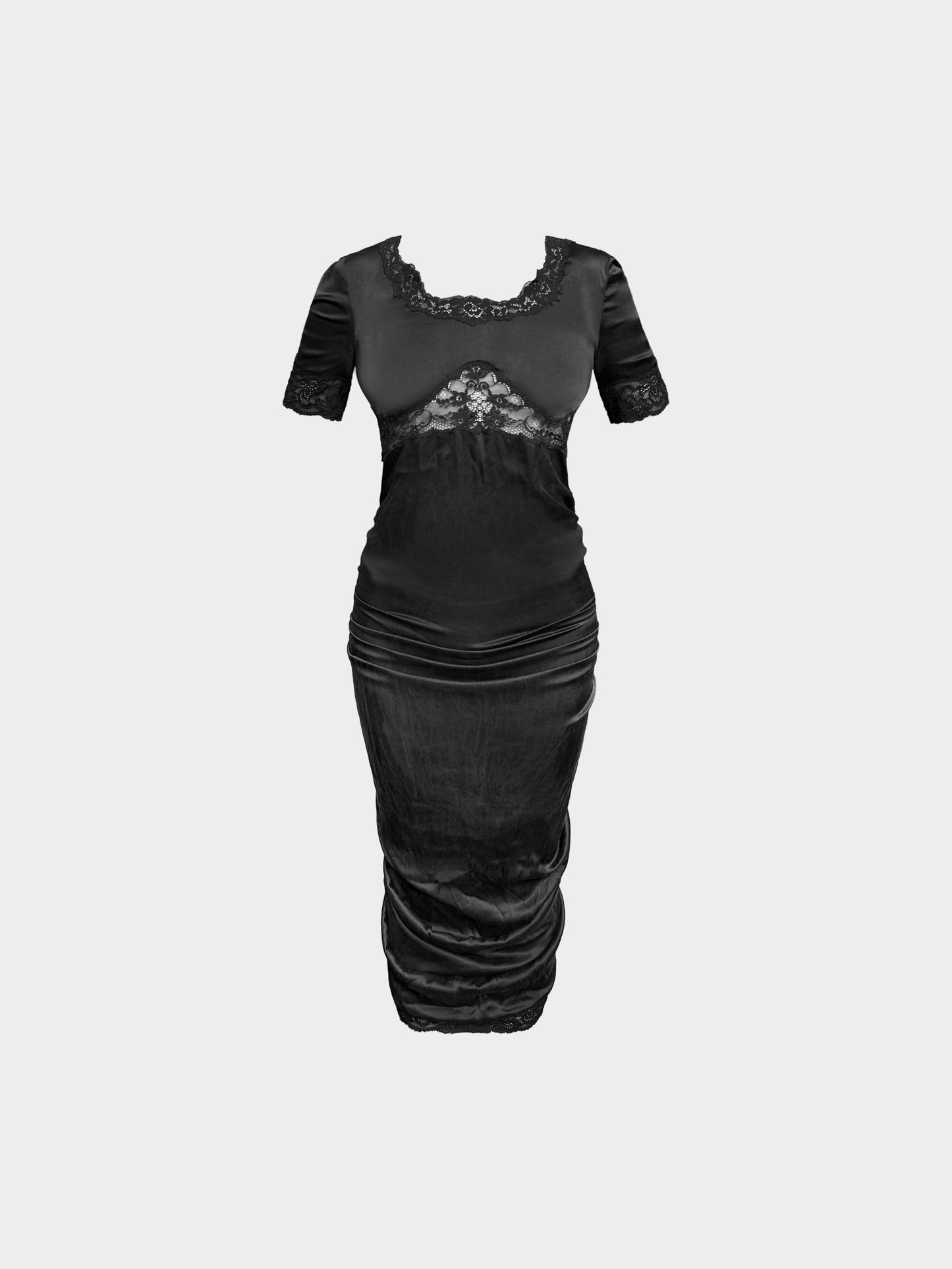 Dolce and Gabbana 2000s Black Silk and Lace Short Sleeve Midi Dress