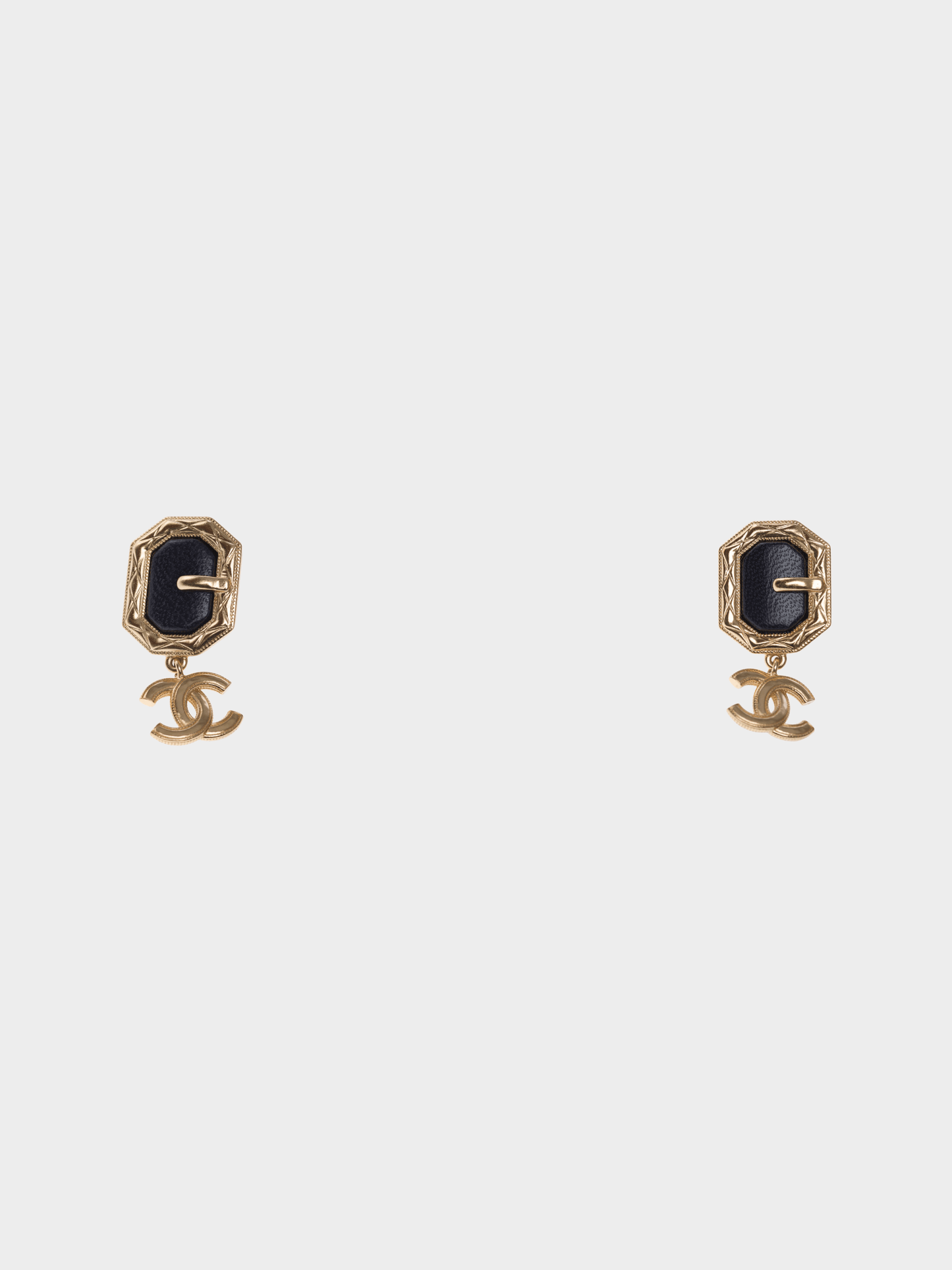 Chanel 2000s CC Black Leather Gold Hardware Buckle Dangle Earrings