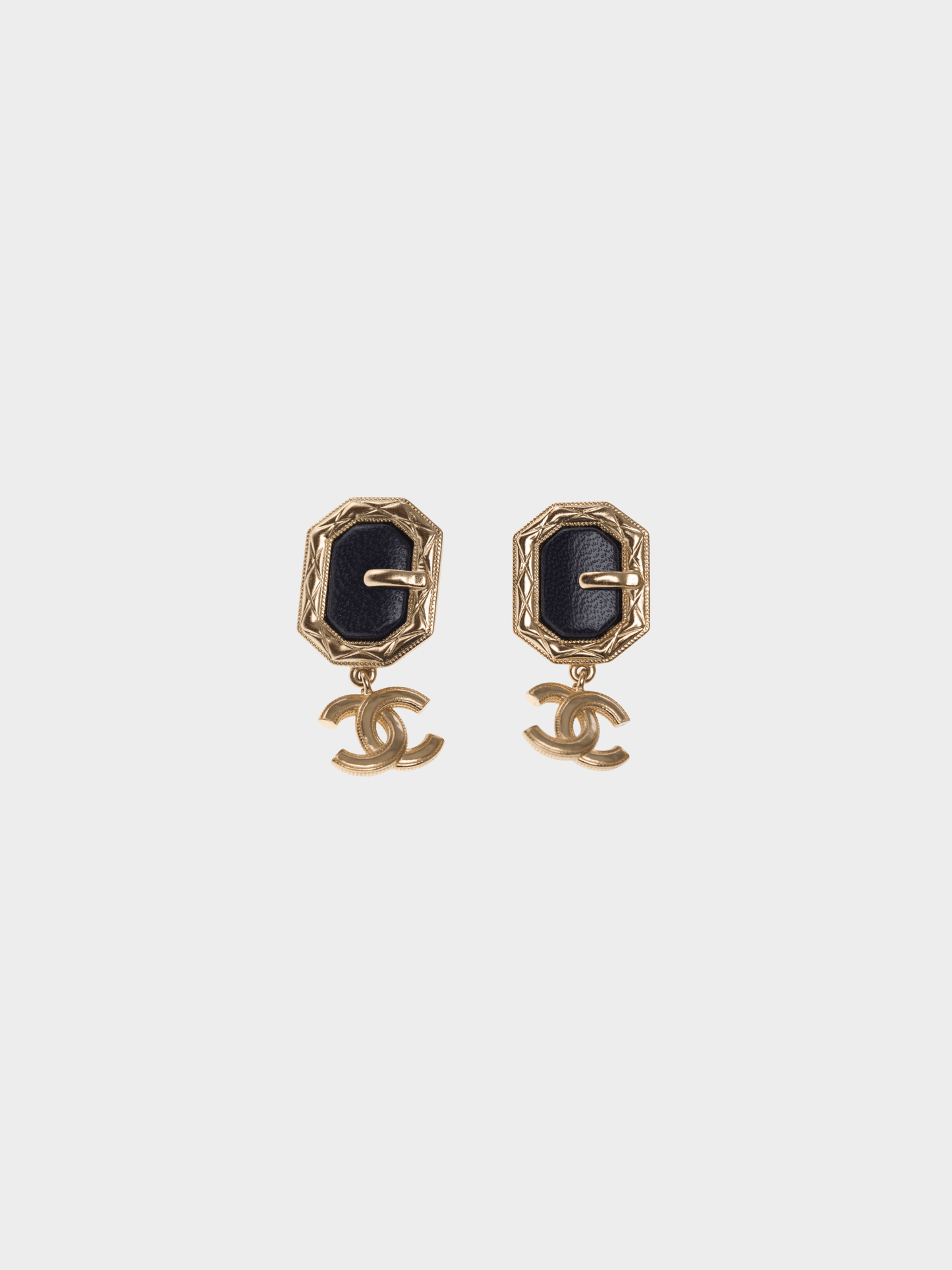 Chanel 2000s CC Black Leather Gold Hardware Buckle Dangle Earrings