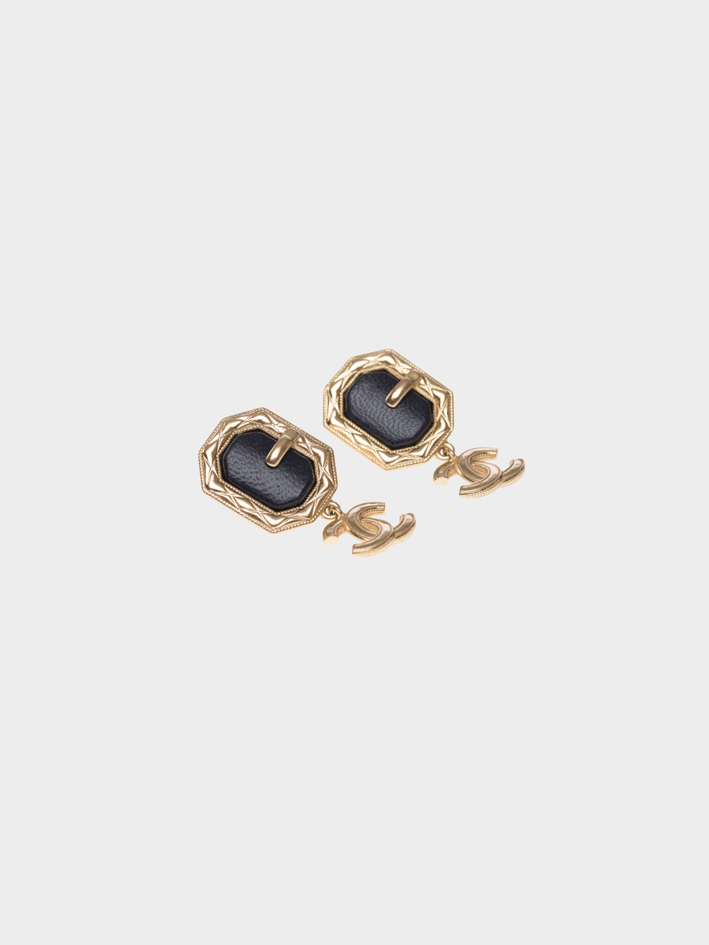 Chanel 2000s CC Black Leather Gold Hardware Buckle Dangle Earrings