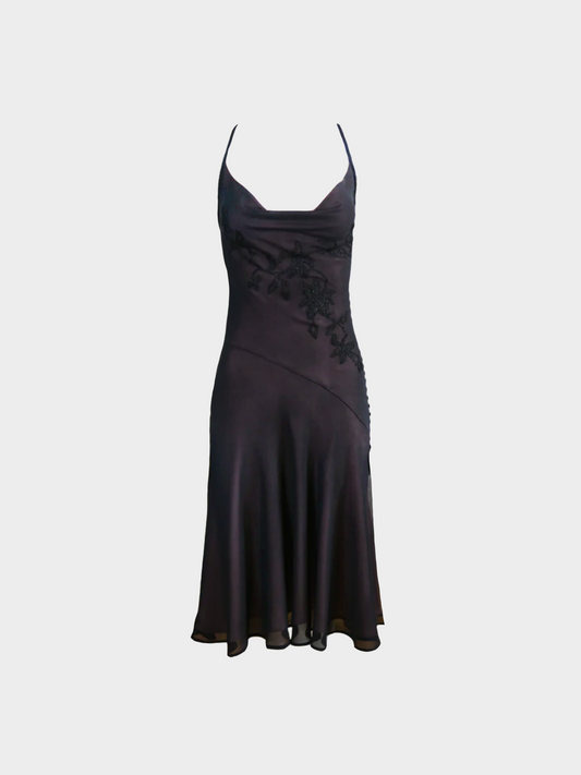 Escada 1990s Plum Silk Chiffon Beaded Midi Dress