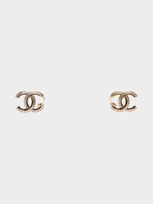 Chanel 2020s Black Enamel and Gold Hardware Crystal CC Earrings