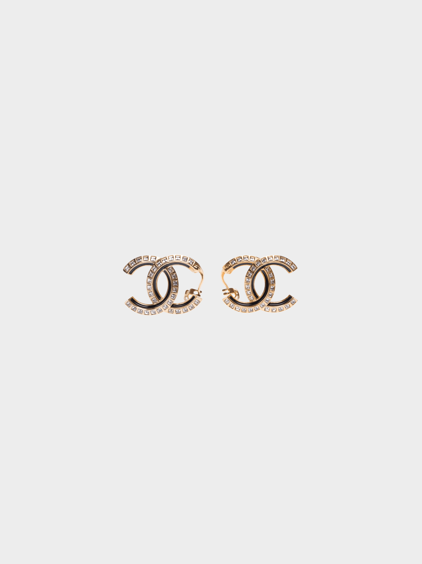 Chanel 2020s Black Enamel and Gold Hardware Crystal CC Earrings