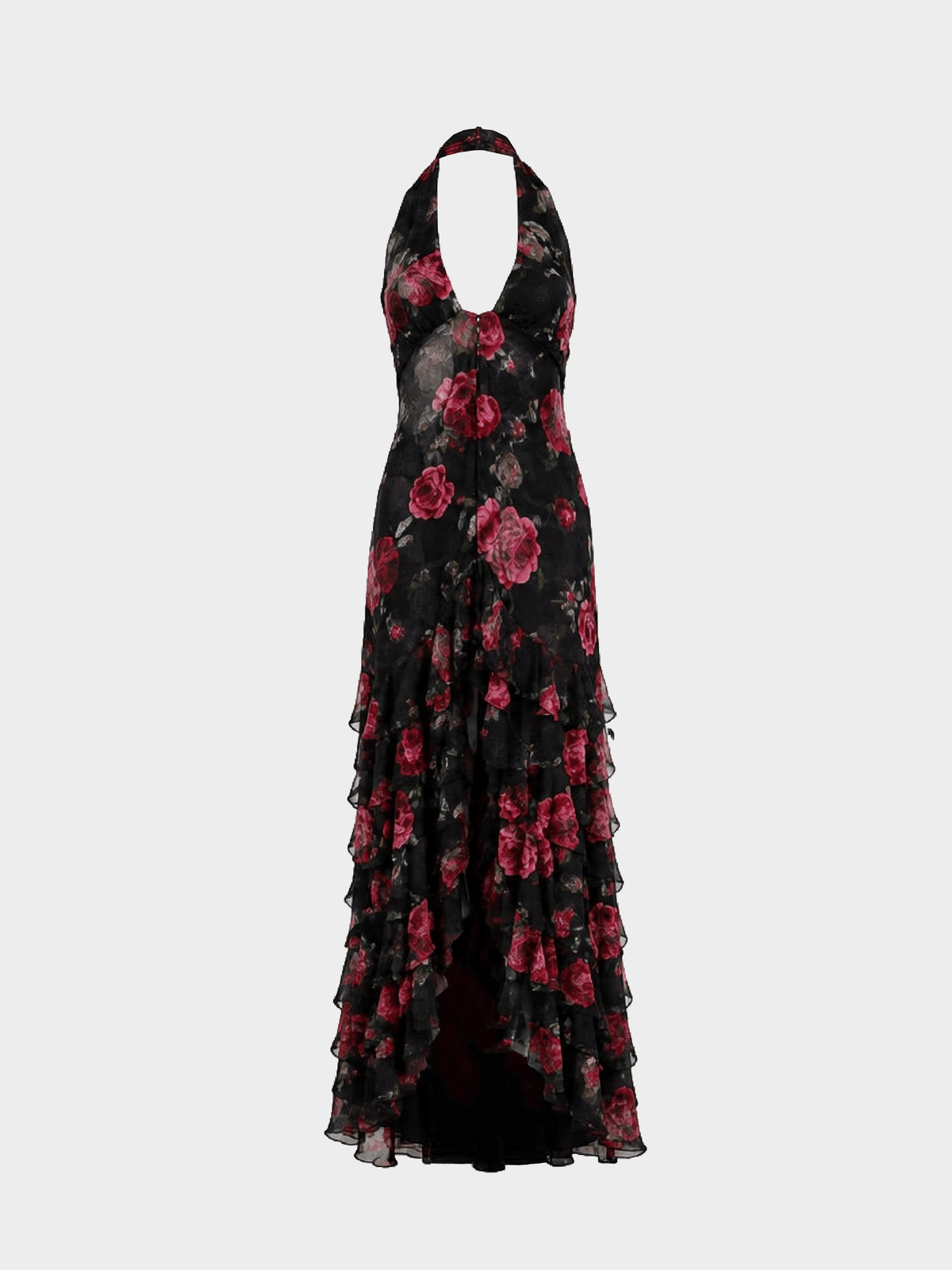Emanuel Ungaro 2000s Black Silk Floral Halter Dress