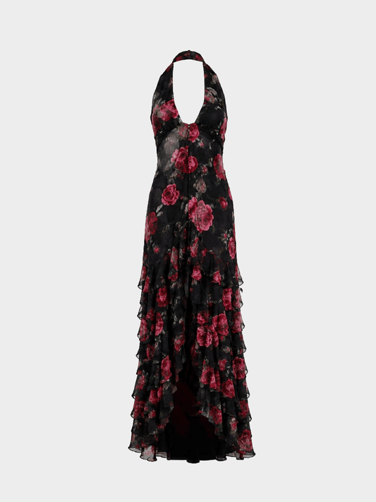 Emanuel Ungaro 2000s Black Silk Floral Halter Dress