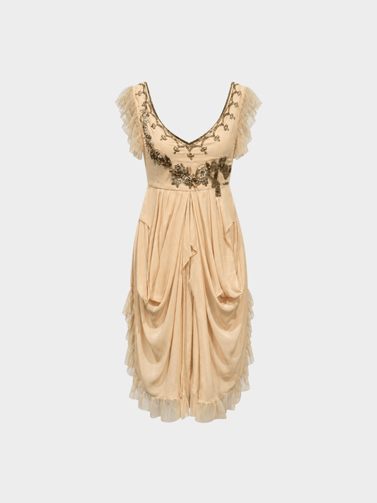 John Galliano SS 2008 Embellished Draped Blush Silk Dress