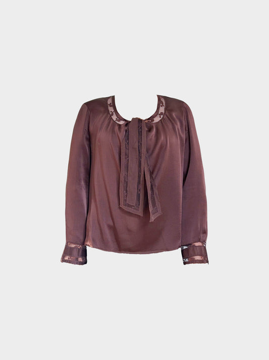 Ermanno Scervino 2000s Brown Silk with Floral Lace Trim Long-sleeved Blouse