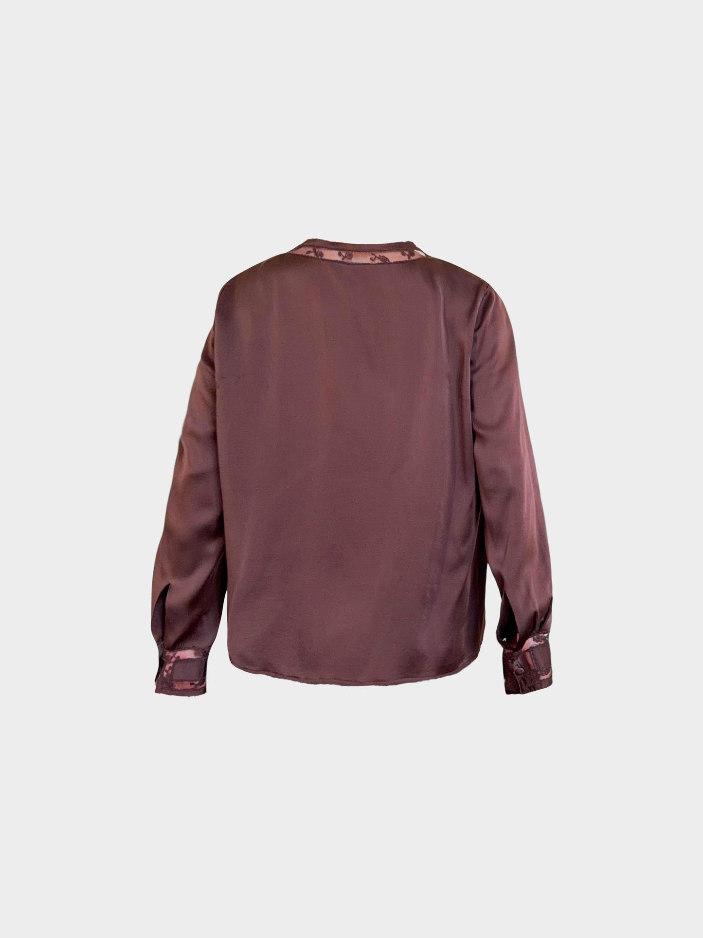 Ermanno Scervino 2000s Brown Silk with Floral Lace Trim Long-sleeved Blouse