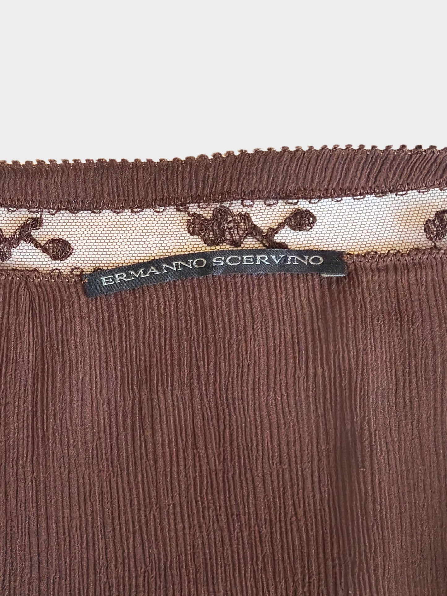 Ermanno Scervino 2000s Brown Silk with Floral Lace Trim Long-sleeved Blouse
