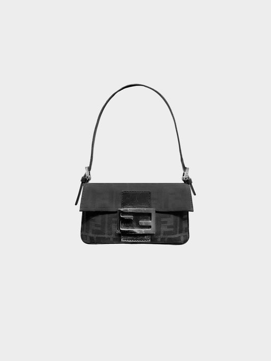 Fendi Early 2000s Black Canvas and Leather Zucca Mini Baguette Bag