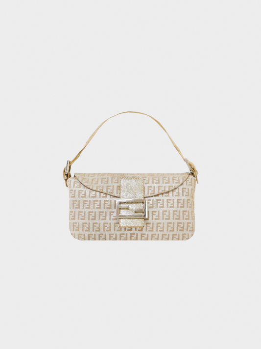 Fendi 2000s Glittery Beige Zucchino Canvas Mamma Baguette Bag