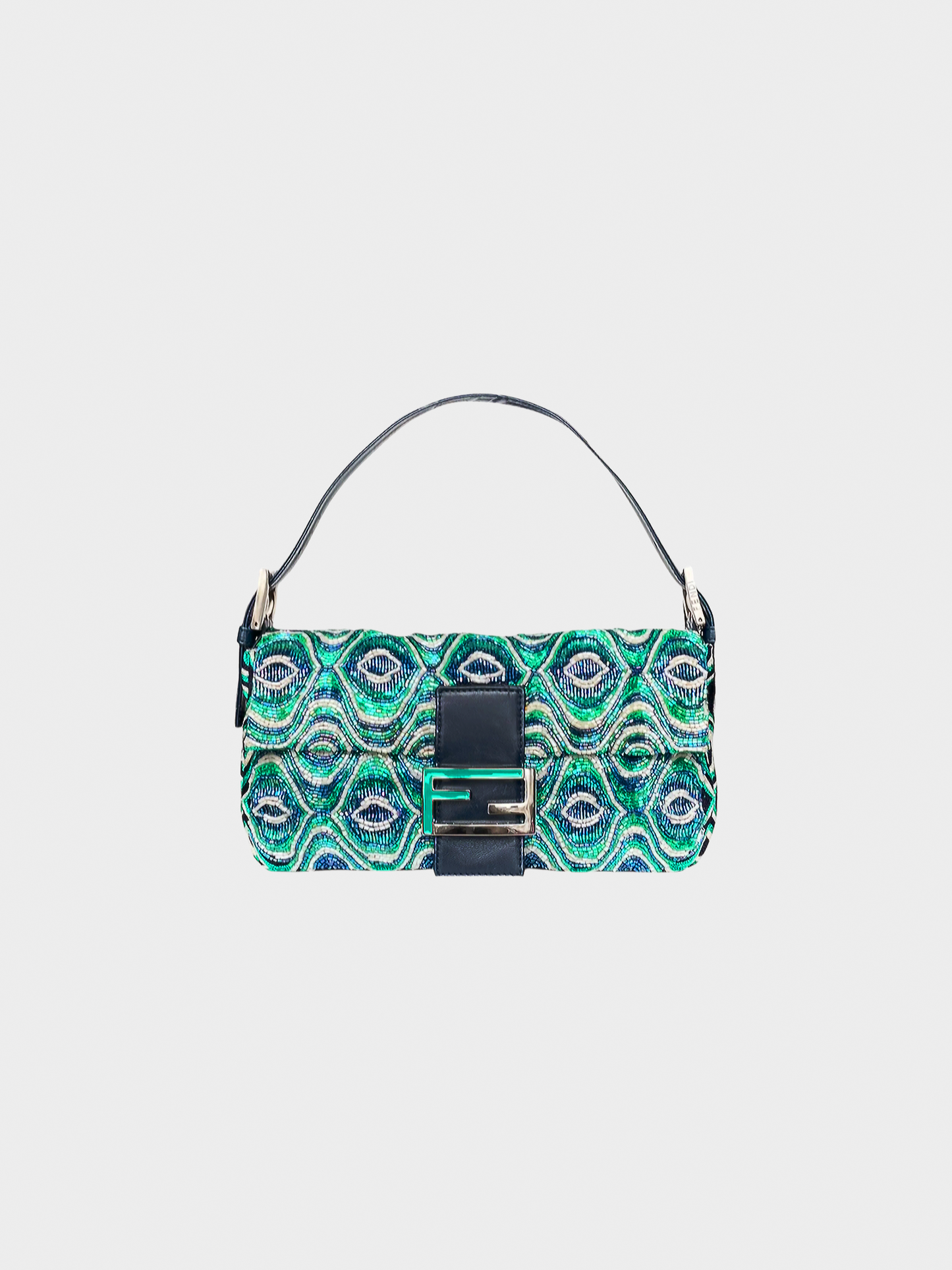 Fendi 2000s Beaded Green Baguette Shoulder Bag