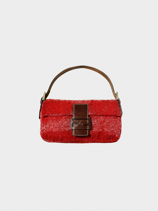 Fendi 2000s Cherry Red Beaded Baguette Bag