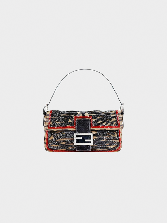 Fendi 2000s Brown Beaded Zebra Pattern Baguette Bag