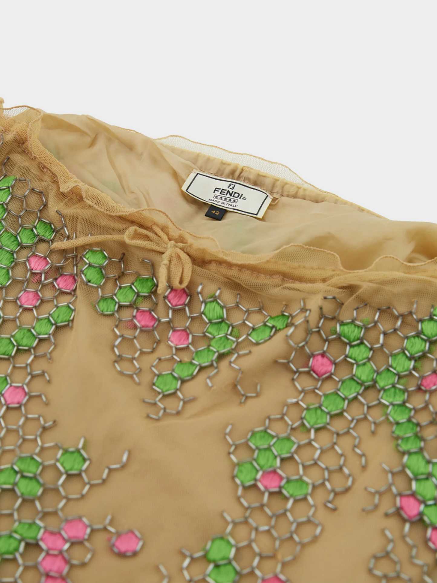 Fendi SS 2000 Nude Embroidered Mesh Midi Skirt