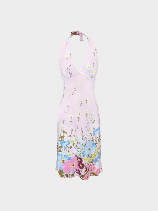 Valentino 2000s Pink Floral Printed Halter Dress