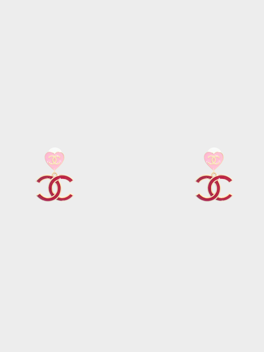 Chanel 2024 Red and Pink Metal Enamel CC Heart Drop Earrings