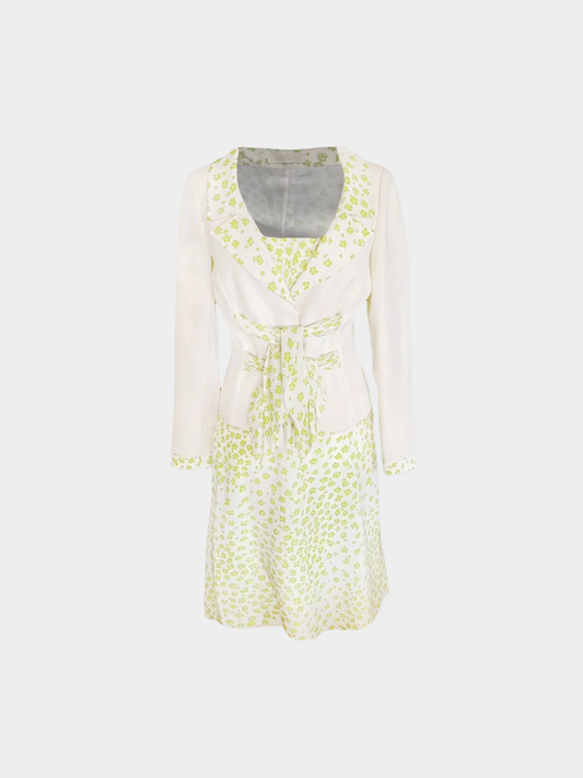Valentino 2000s Beige and Green Floral Jacket and Dress Set