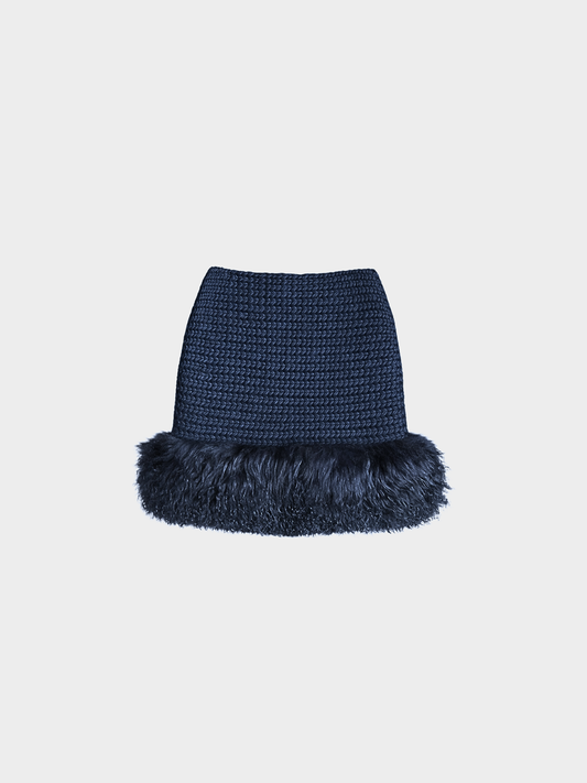 Valentino 2000s Navy Knit Skirt with Genuine Fur Trim