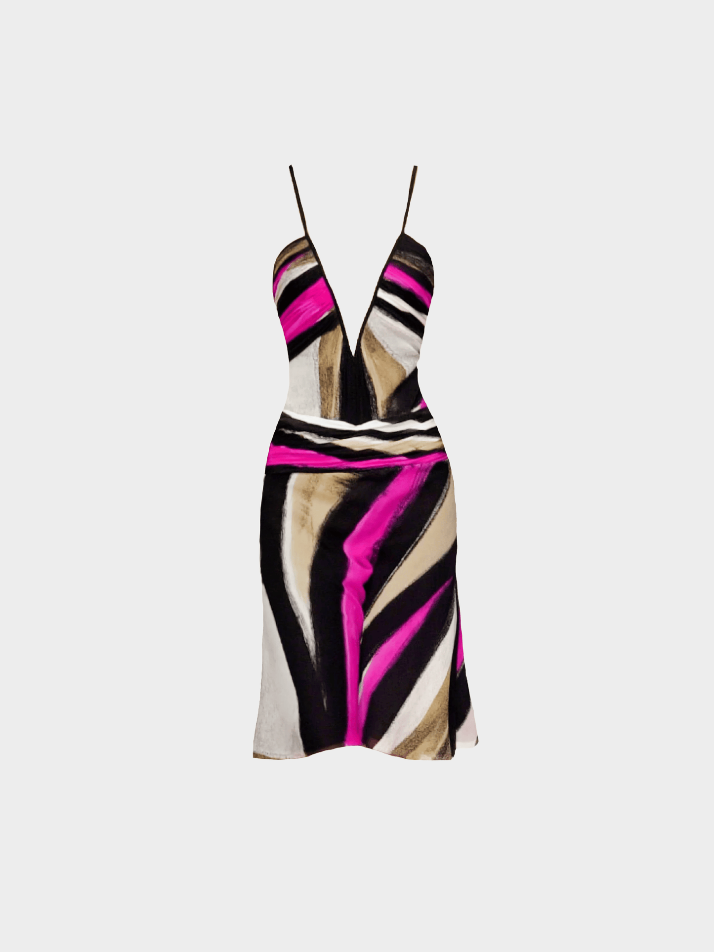 Versace FW 2001 Runway Multicoloured Silk Plunging Neckline Dress
