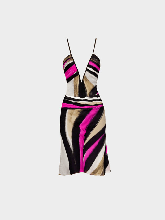 Versace FW 2001 Runway Multicoloured Silk Plunging Neckline Dress