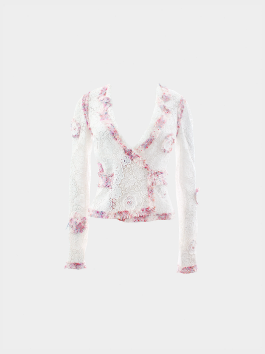 Chanel SS 2004 Tweed and Camellia Crochet Lace Jacket
