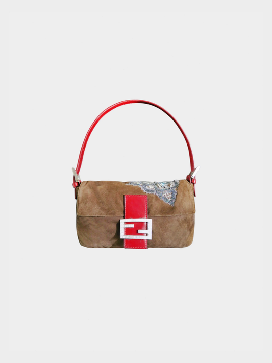 Fendi 2000s Brown Suede Embellished Baguette Shoulder Bag