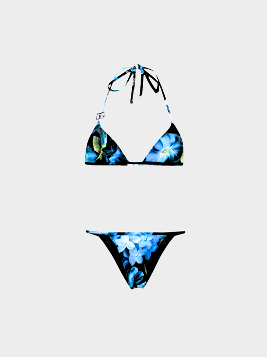 Dolce and Gabbana 2010s Black and Blue Floral Bikini