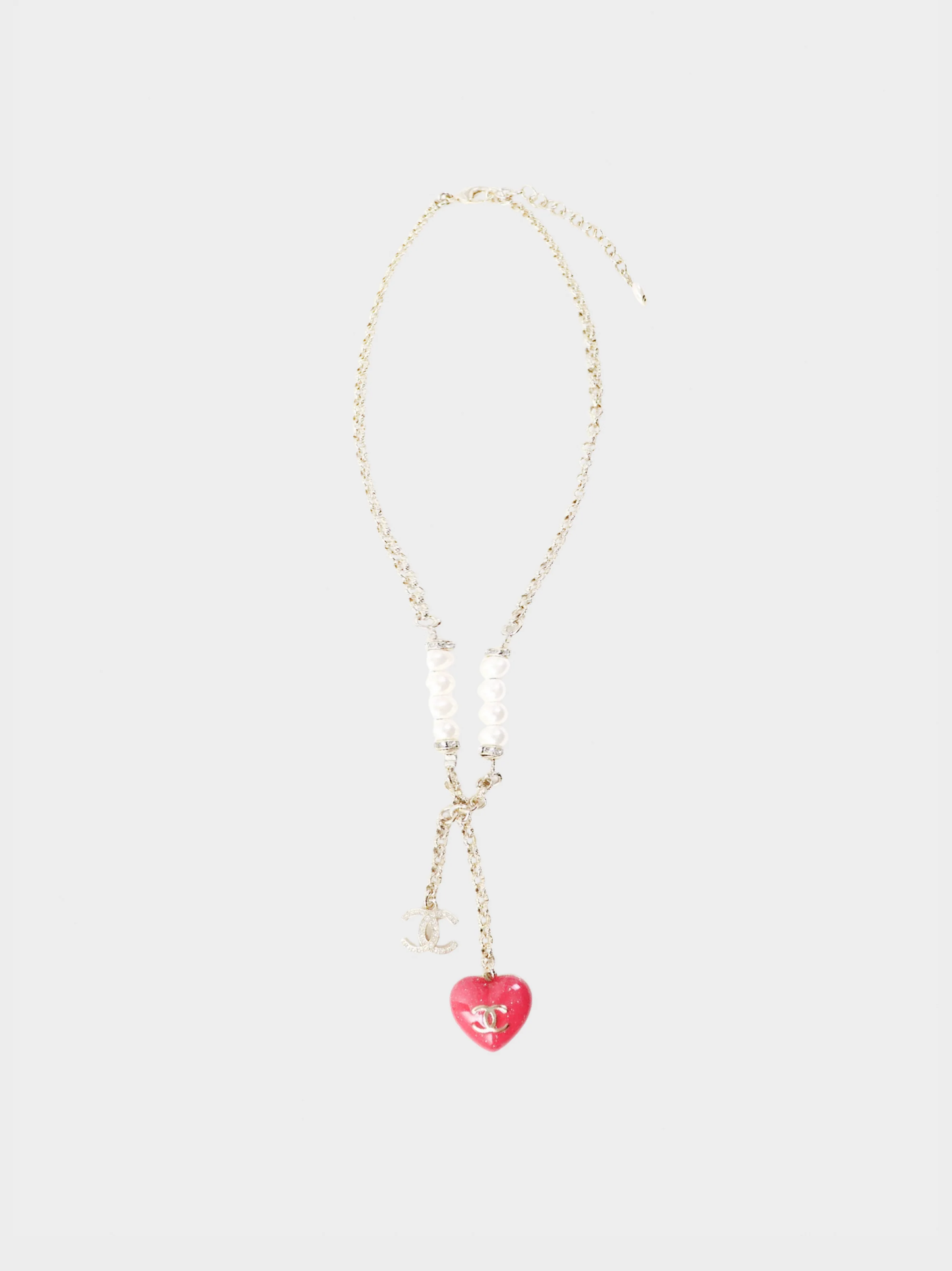 Chanel 2023 Gold CC Pink Heart Pearl Rhinestone Necklace