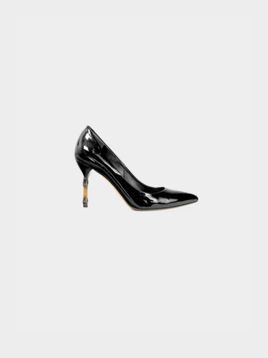 Gucci 2014 Kristen Black Patent-Leather Pointed Toe Bamboo Heels